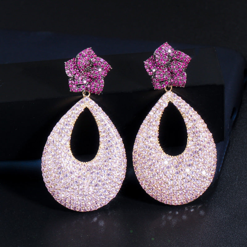 New style pink zirconium rose flower large earrings for Europe and America Made of 925 silver circular ear accessories for women