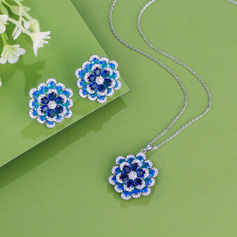 S925 silver needle French-style minimalist vintage double-layer three-dimensional full-diamond blue flower necklace stud set chain zirconium jewelry set