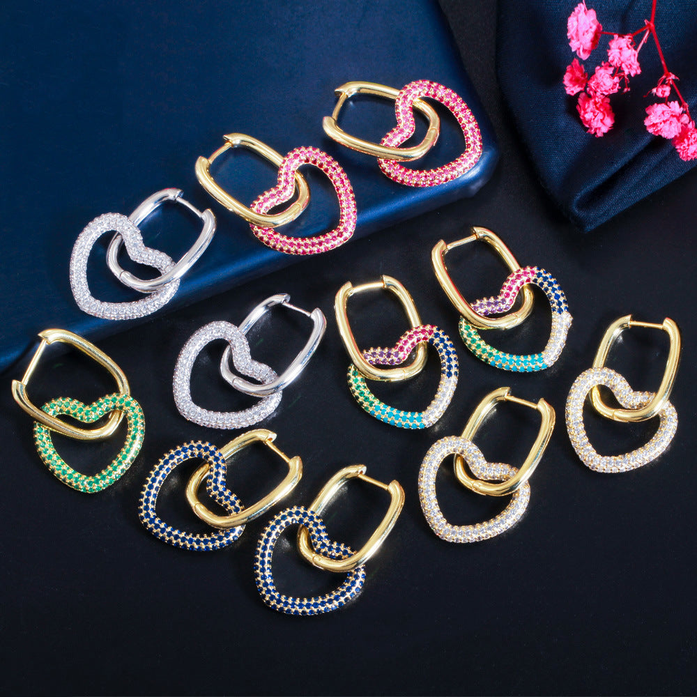 New style personalized double-ring heart-shaped earrings with embedded colorful zircons, trendy hip-hop style earrings