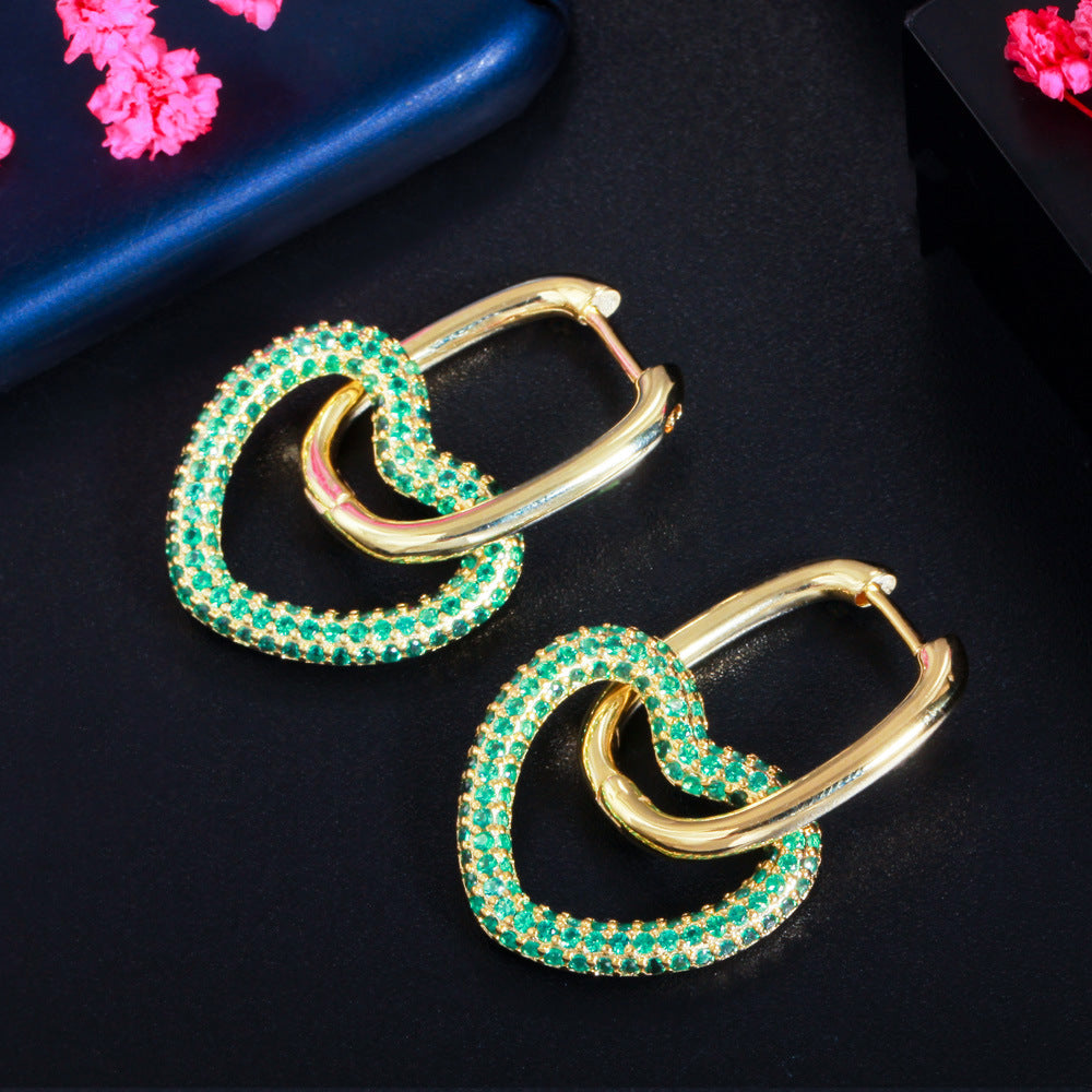 New style personalized double-ring heart-shaped earrings with embedded colorful zircons, trendy hip-hop style earrings