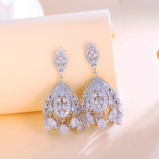 S925 silver filigree light luxury imperial style full-zircon hollow earpiece earrings with Chinese style water-drop pendant and zircon ear studs