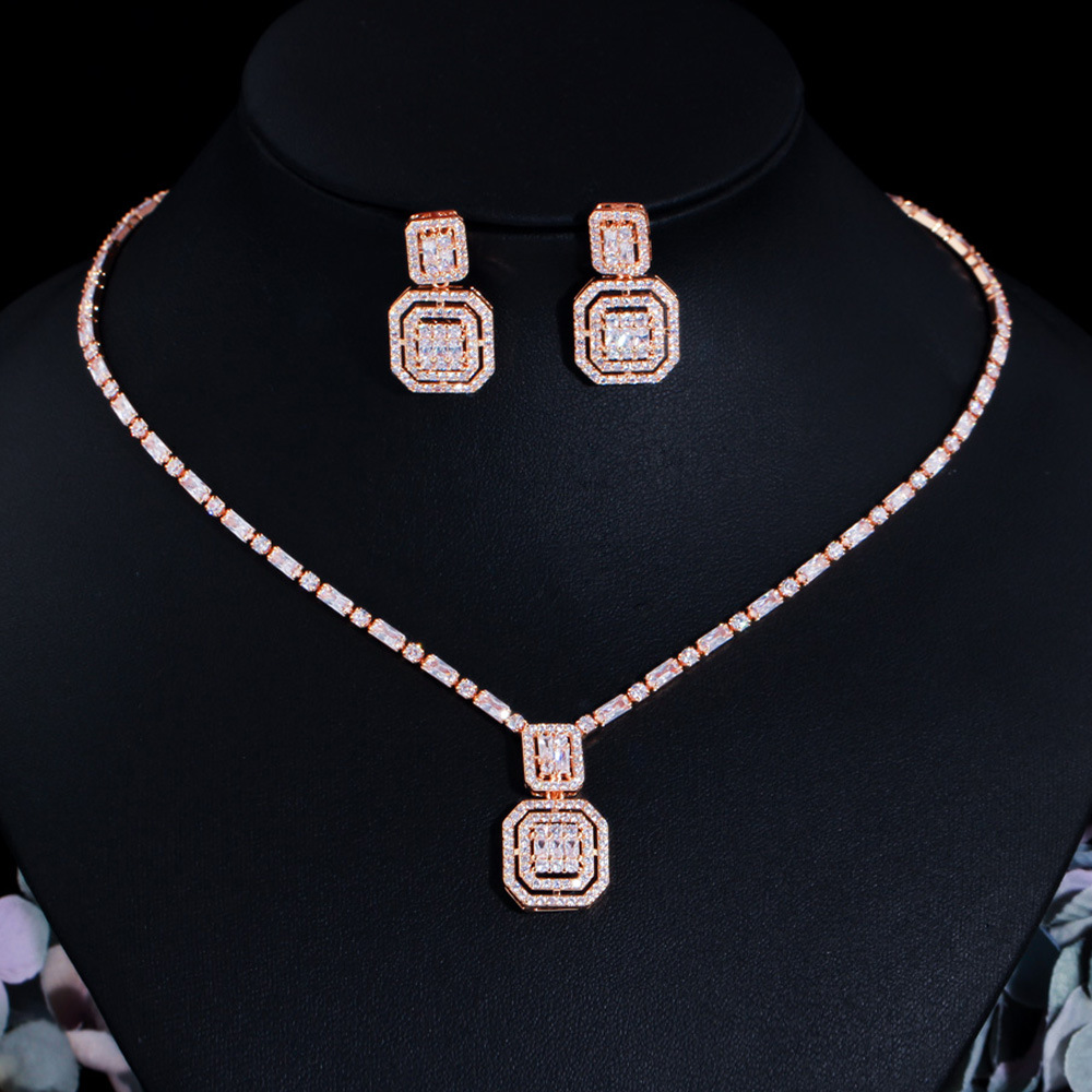 Retro minimalist style square zirconia stud earrings and necklace set chain Lightly luxurious and niche design bridal gown set