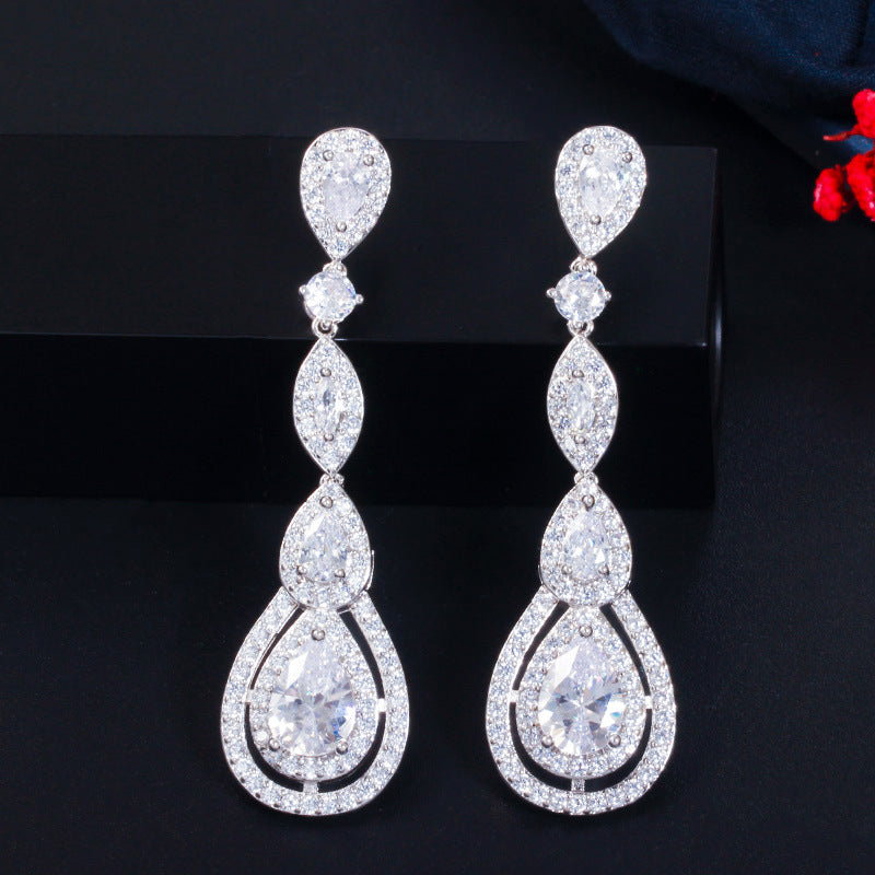 European style long-style earrings with S925 silver hooks set with AAA zirconia stones, fashionable and versatile drop earrings