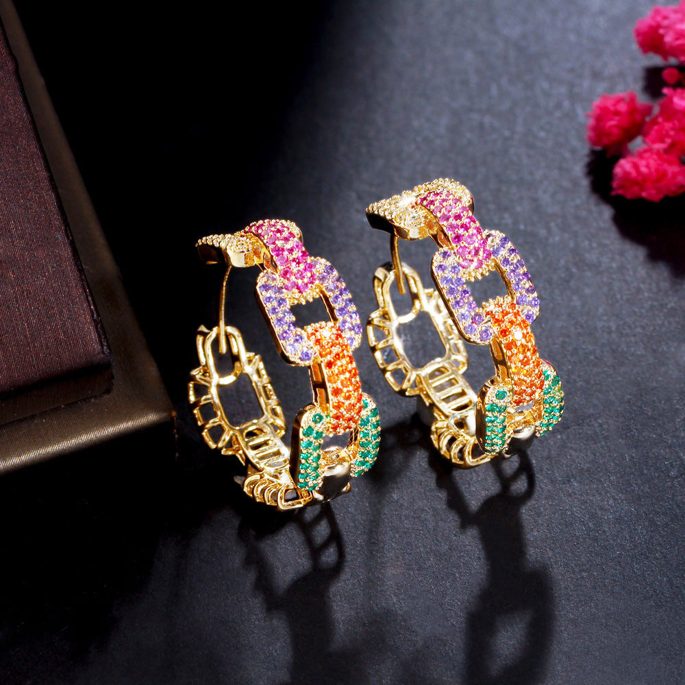 French-style rainbow hoop earrings with colorful zirconia stones small red book Douyin influencer gradient color chain ear ring accessory