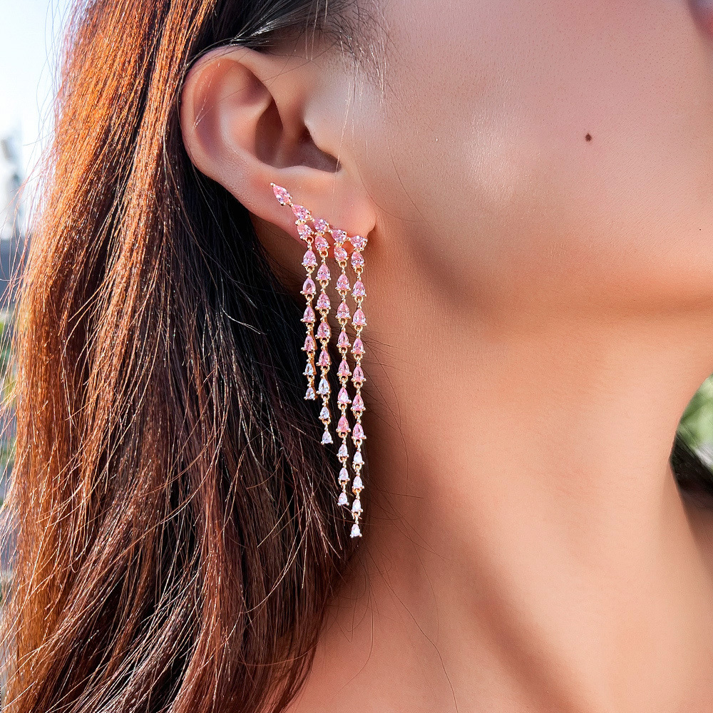 French-style minimalist long-styled fringed pink diamond earrings for an ultra-bright zirconia evening gown fashion show zirconia ear pendants jewelry