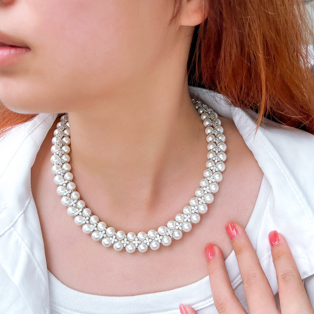 Korean fashionista double-layer freshwater pearl necklace - elegant and unique collar chain with pearl and zircon gemstones - women's necklace