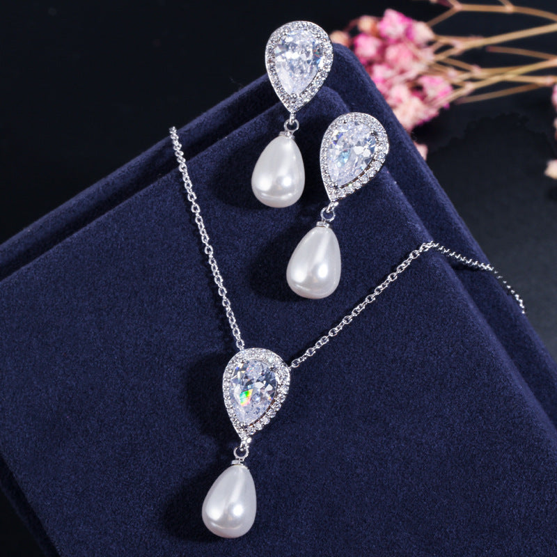 Japanese and Korean light and elegant artistic jewelry set Two-piece set of zircon water-drop pearl pendant earrings