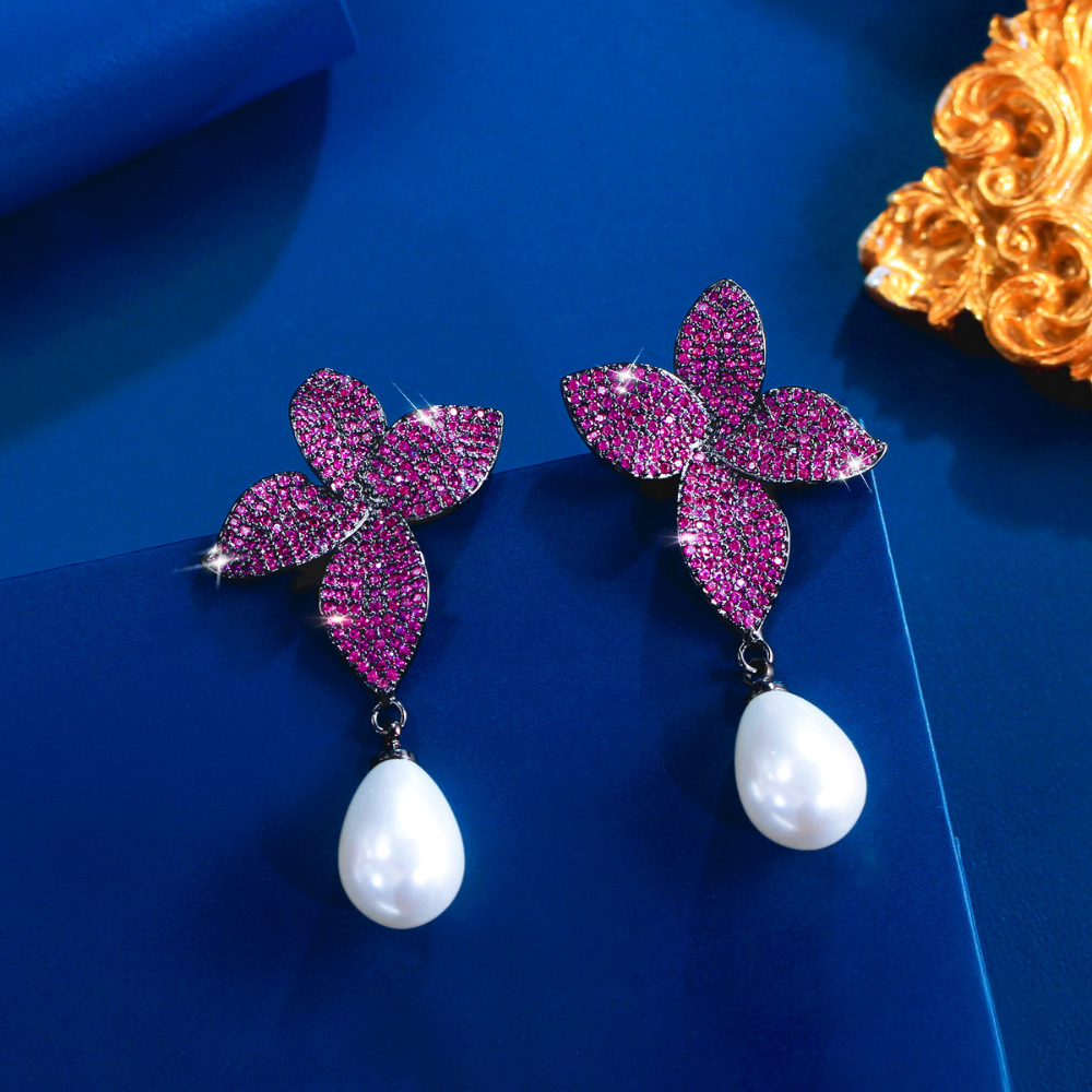 S925 silver needle luxury fashion leaf petal pearl earrings and stud earrings exuding elegance Gemstone gun black multi-purpose earrings