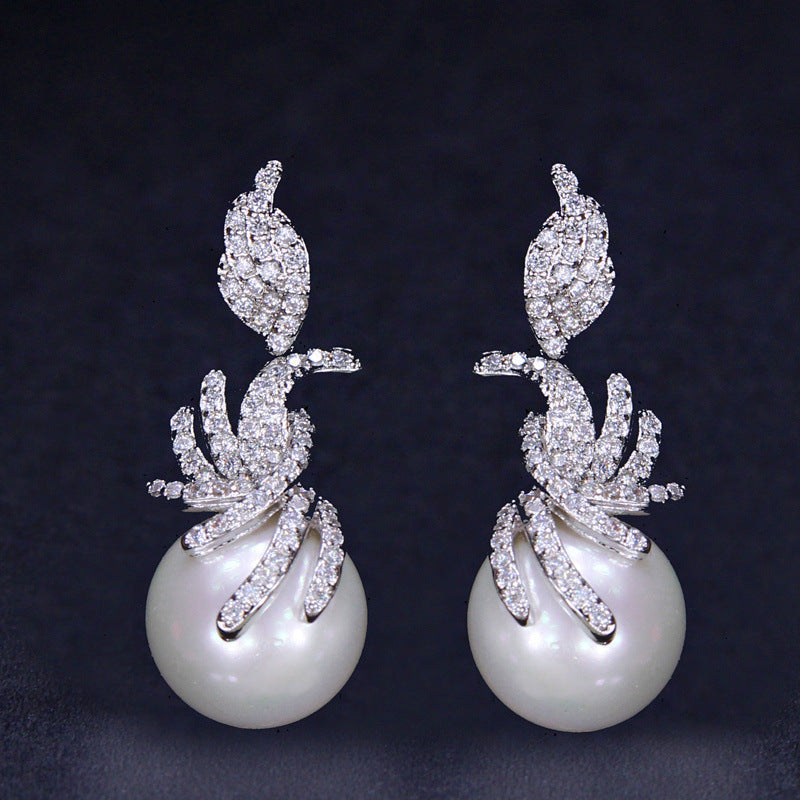 Korean style ear ornaments - pearl and zirconia earrings Simple and fashionable long-style earrings