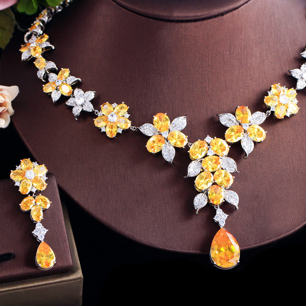 European and American cross-border necklace jewelry set for women light luxury zirconia necklace and earrings two-piece set for formal wear wedding and bridal use wedding dress and ceremony necklace set