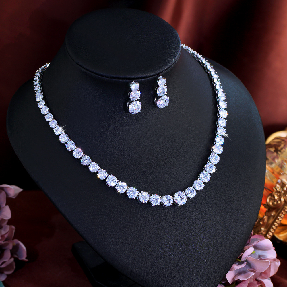 European and American fashion full-diamond zirconia bridal necklace and earrings set wedding dress evening party accessories jewelry