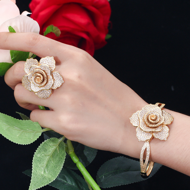 European and American fashion-inspired rose flower hand chain and ring set with full-set of zirconia jewelry