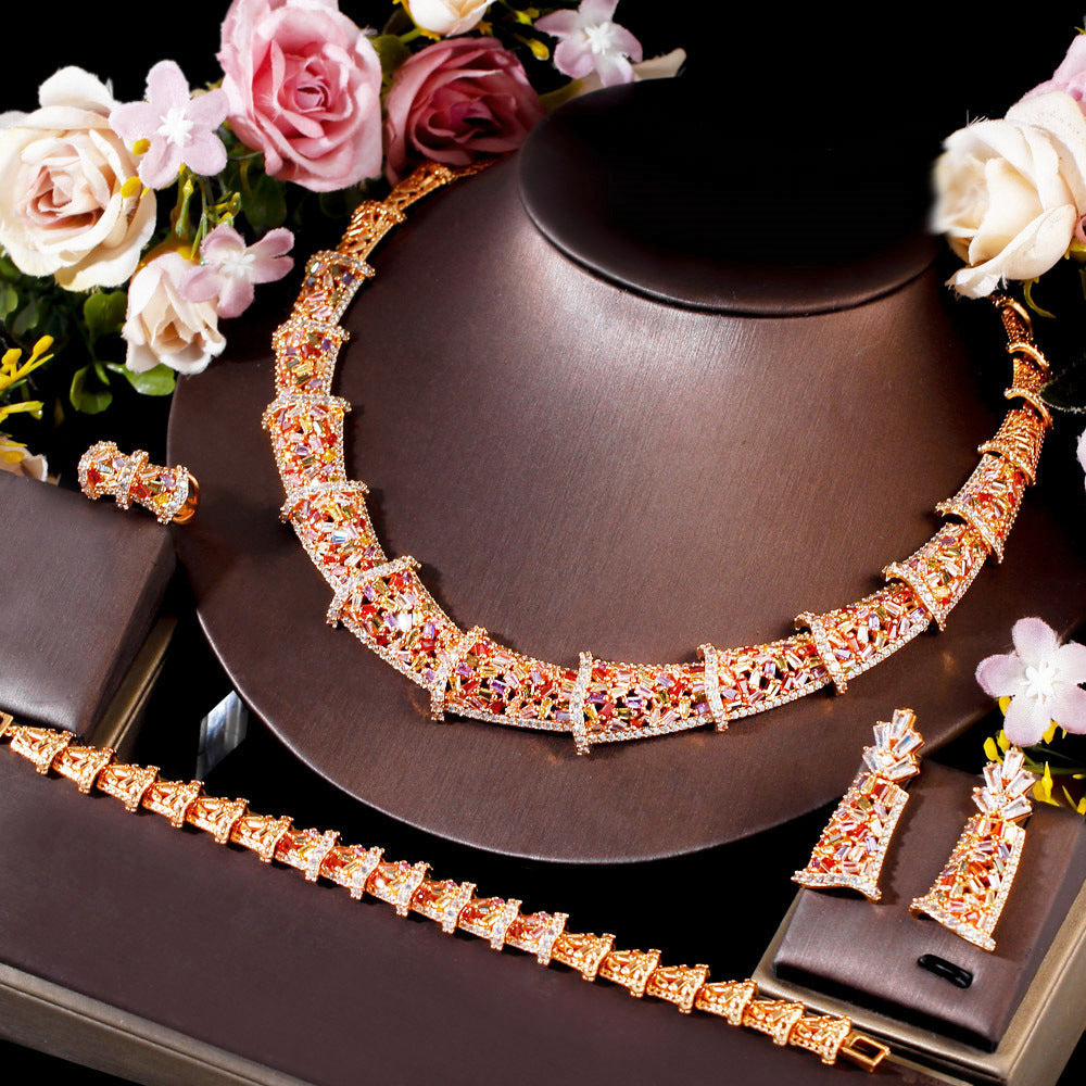 European and American fashion colored zircon jewelry set - including a wedding dress chain wedding dress evening gown necklace earrings ring bracelet and anklet set