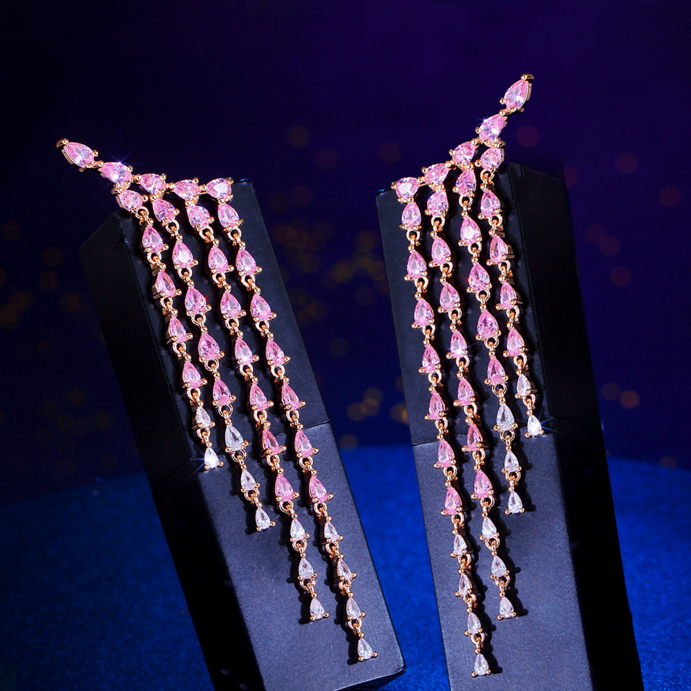 French-style minimalist long-styled fringed pink diamond earrings for an ultra-bright zirconia evening gown fashion show zirconia ear pendants jewelry