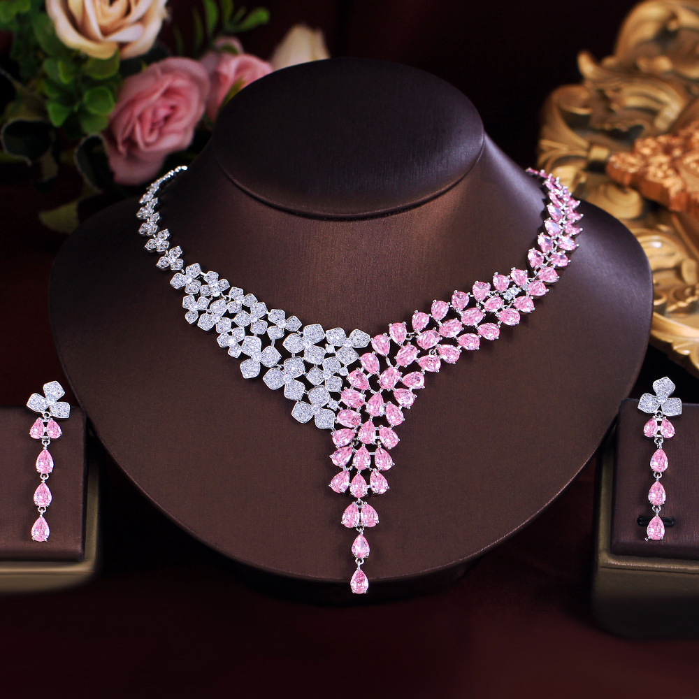 Design-inspired princess pink full-diamond flower necklace and earrings set court-style zircon bracelet evening gown accessories set