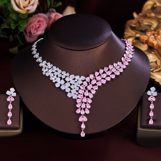 Design-inspired princess pink full-diamond flower necklace and earrings set court-style zircon bracelet evening gown accessories set