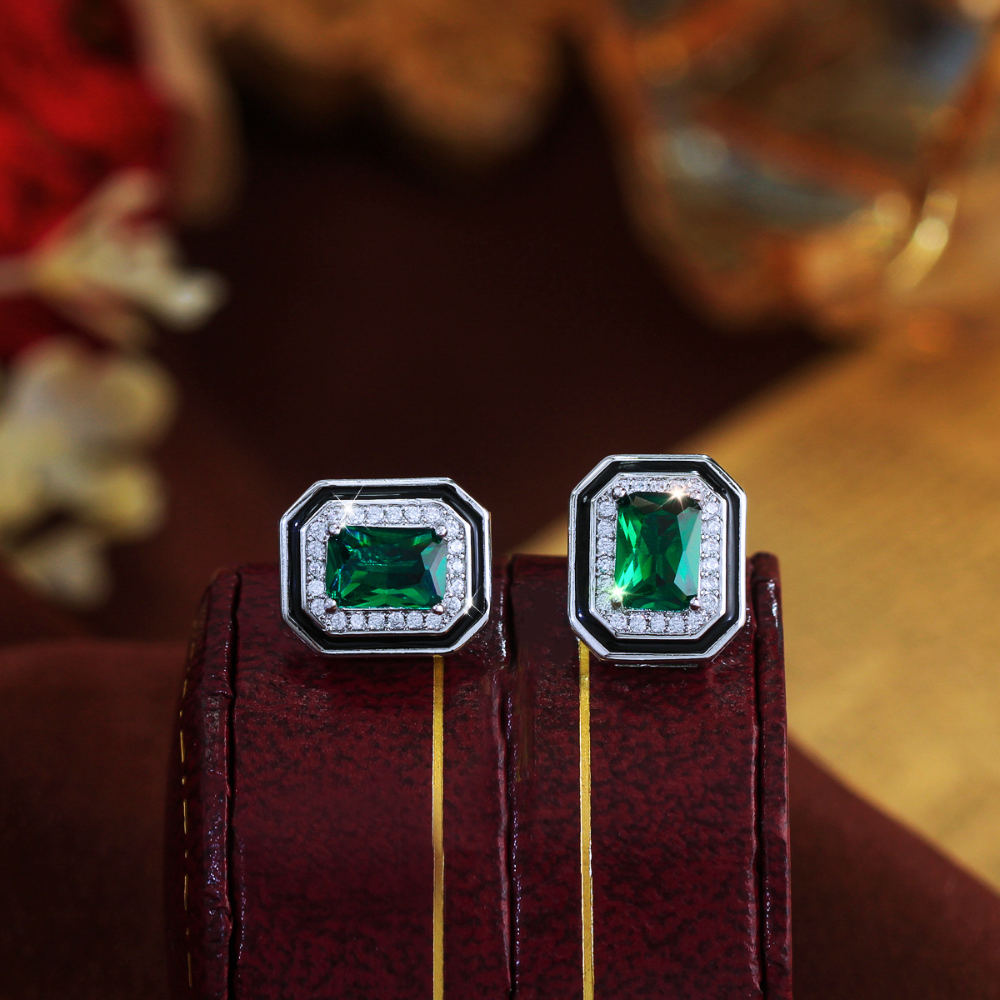 Paraiaba fashion square-shaped earrings with tiny diamond inlays elegant and versatile black enamel zirconia earrings