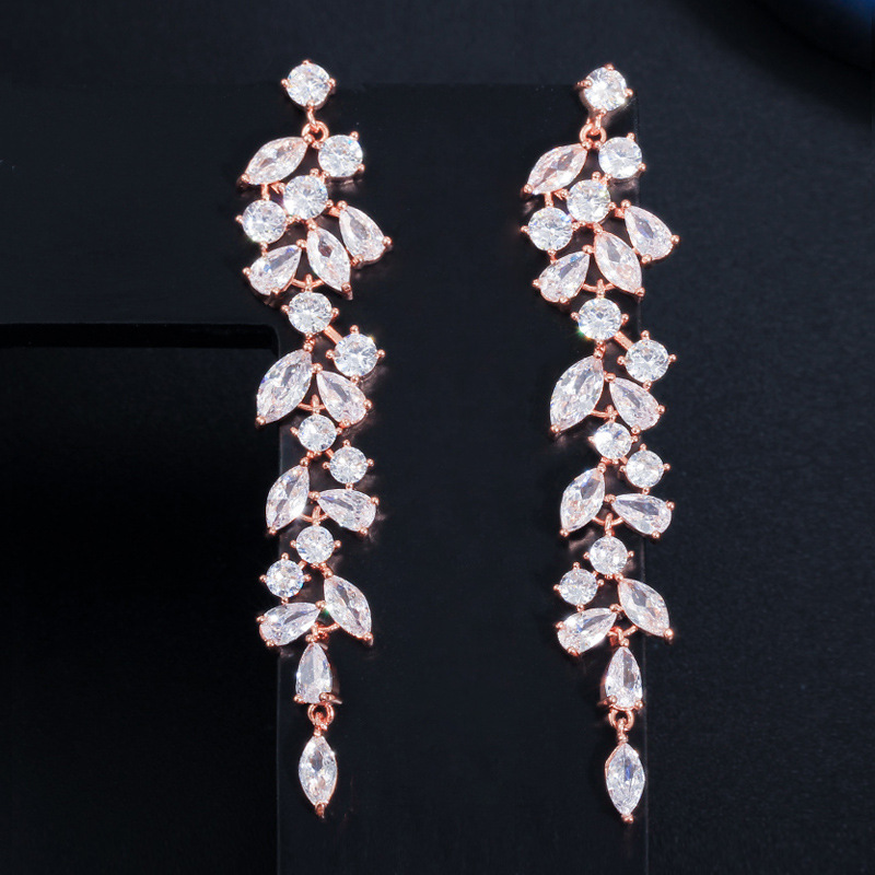Korean-style classic petal long-drop drop-sleeve earrings with zircon and full-diamond inlay trendy earrings