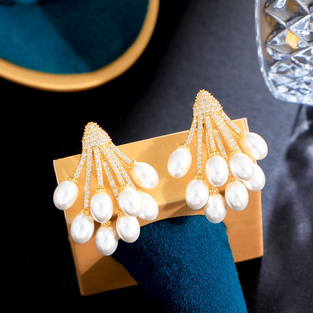 Korean Dongamantown Baroque Pearl Earrings - Trendy Ins Style French Retro Charm with Precious Set Zirconia and Pearl Earrings