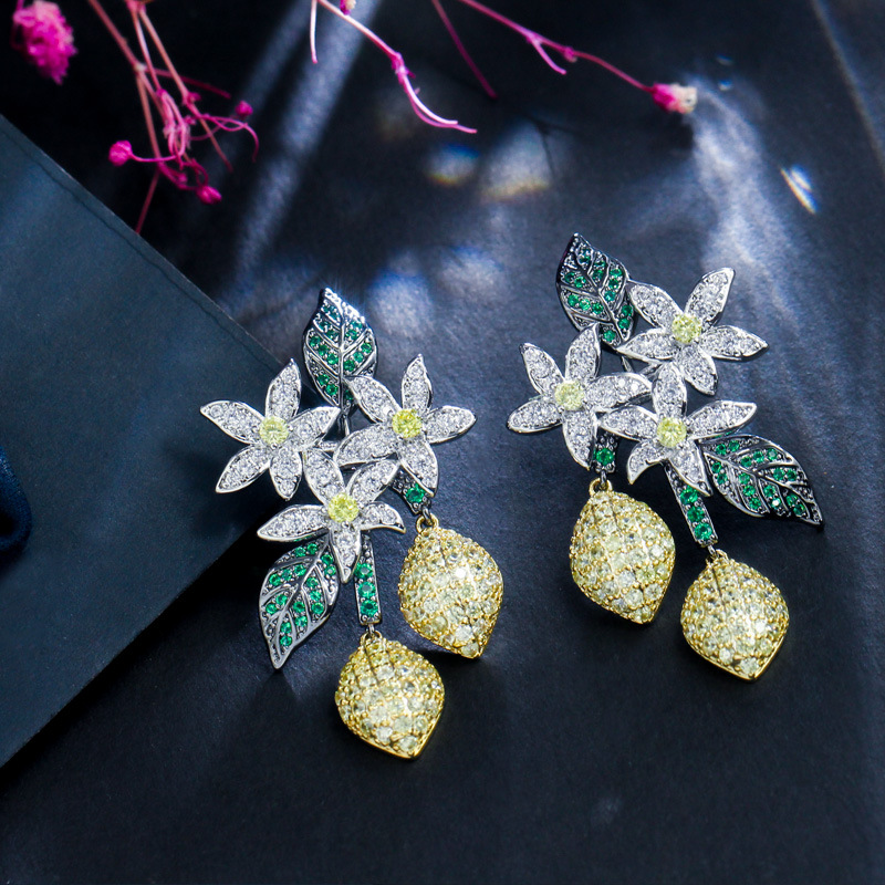 Korean fashion floral drop-shaped lemon tree zircon earrings S925 silver hook earrings for the ears ear accessories
