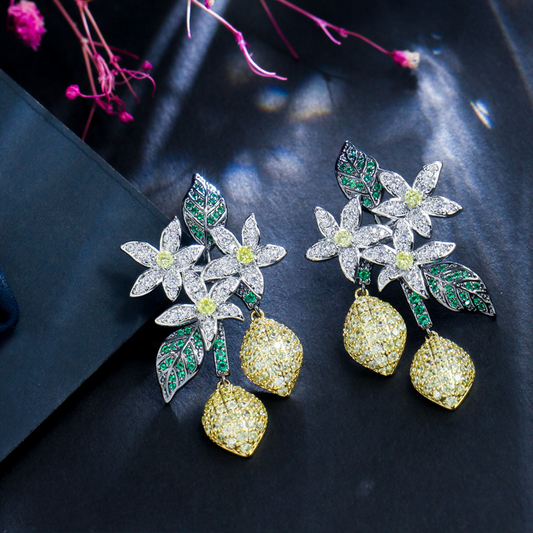 Korean fashion floral drop-shaped lemon tree zircon earrings S925 silver hook earrings for the ears ear accessories