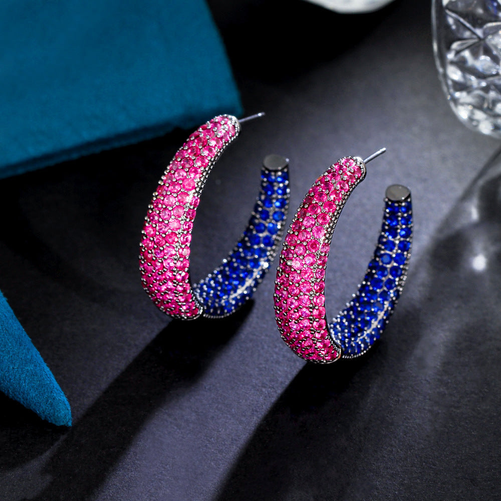 S925 silver needle European luxury exaggerated and grand circular ear stud earrings with black zirconium gemstone inlay, ear jewelry C-shaped earrings
