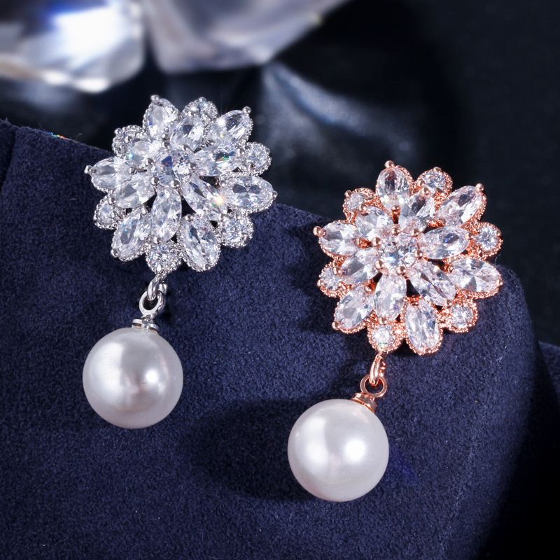 European-style bridal earrings - pearl with tiny inlaid zirconia combination earrings