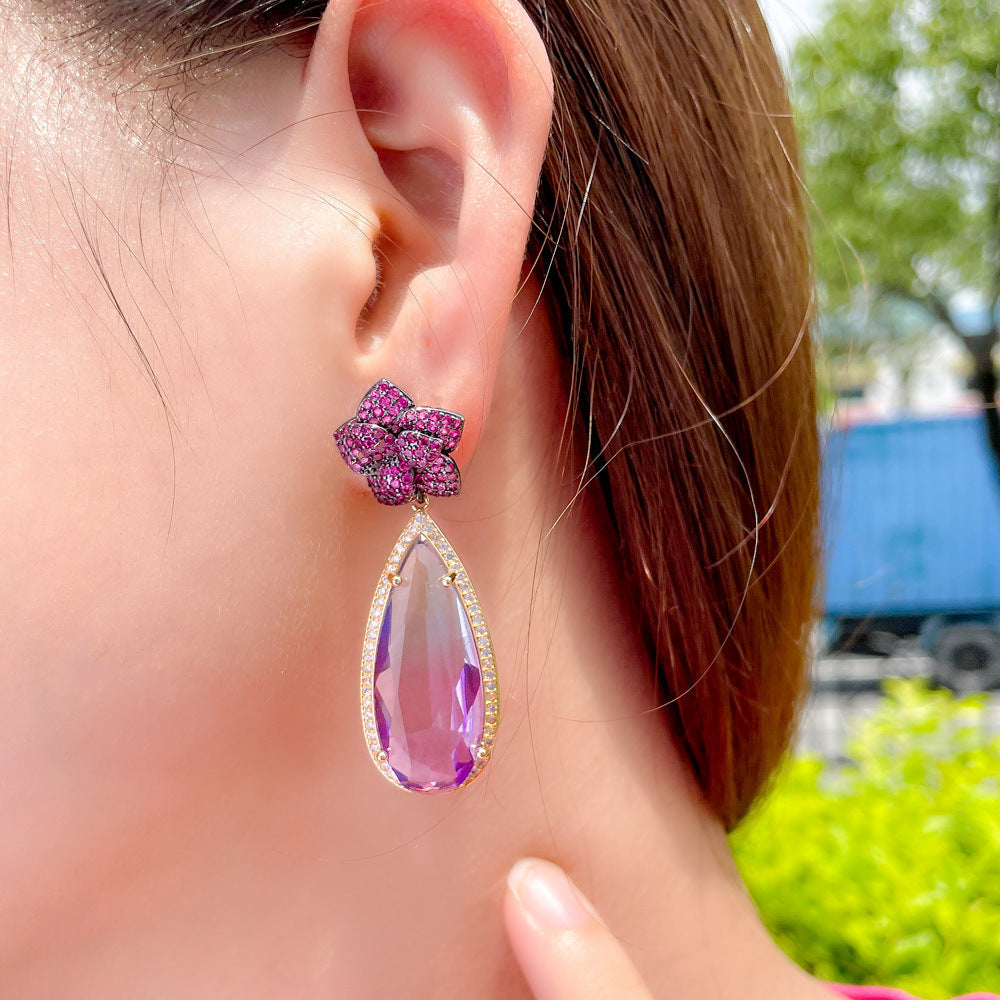 European and American exaggerated and indifferent style stud earrings with zircon stones S925 silver hooks formal evening wear simple water-drop style long earrings