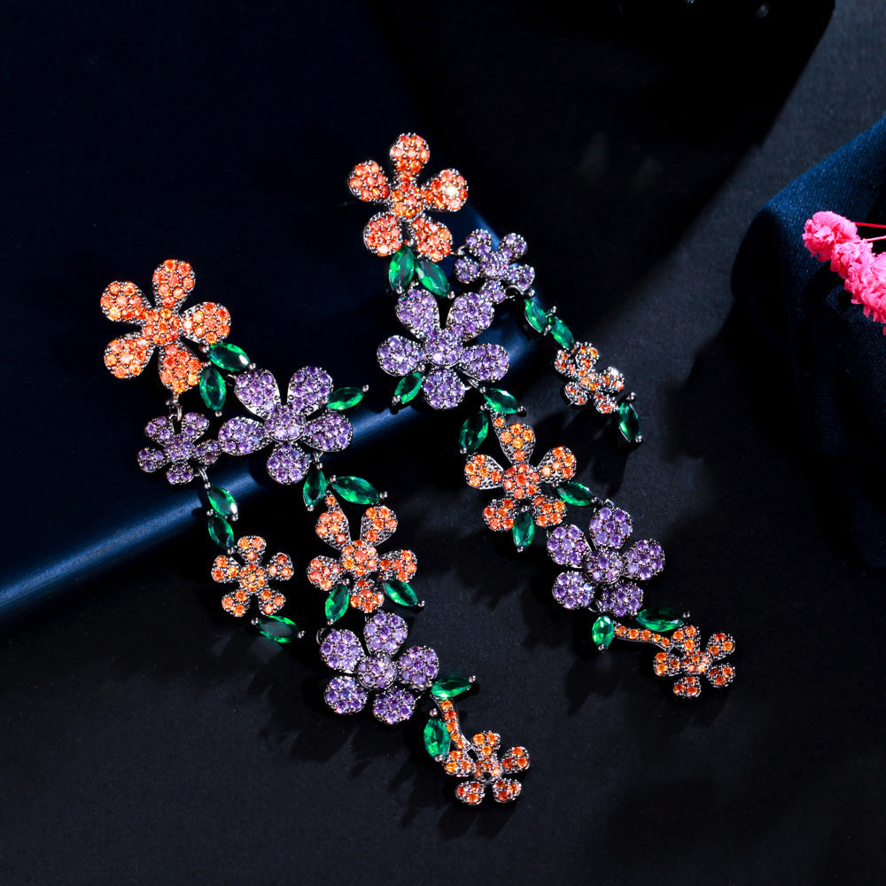 S925 silver needle high-end lady-style flower petal long-style earrings with heavy-weight colored tassels as ear jewelry