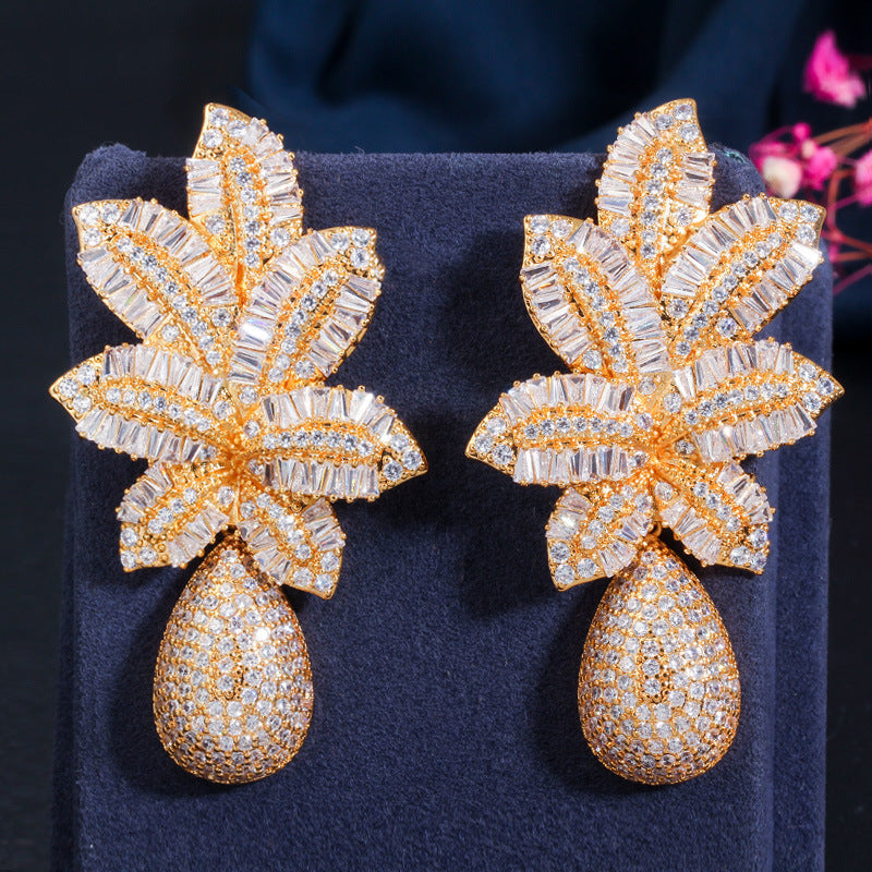 S925 silver needle European-style atmospheric trapezoid zirconium tri-color electroplated earrings tropical pineapple large earrings