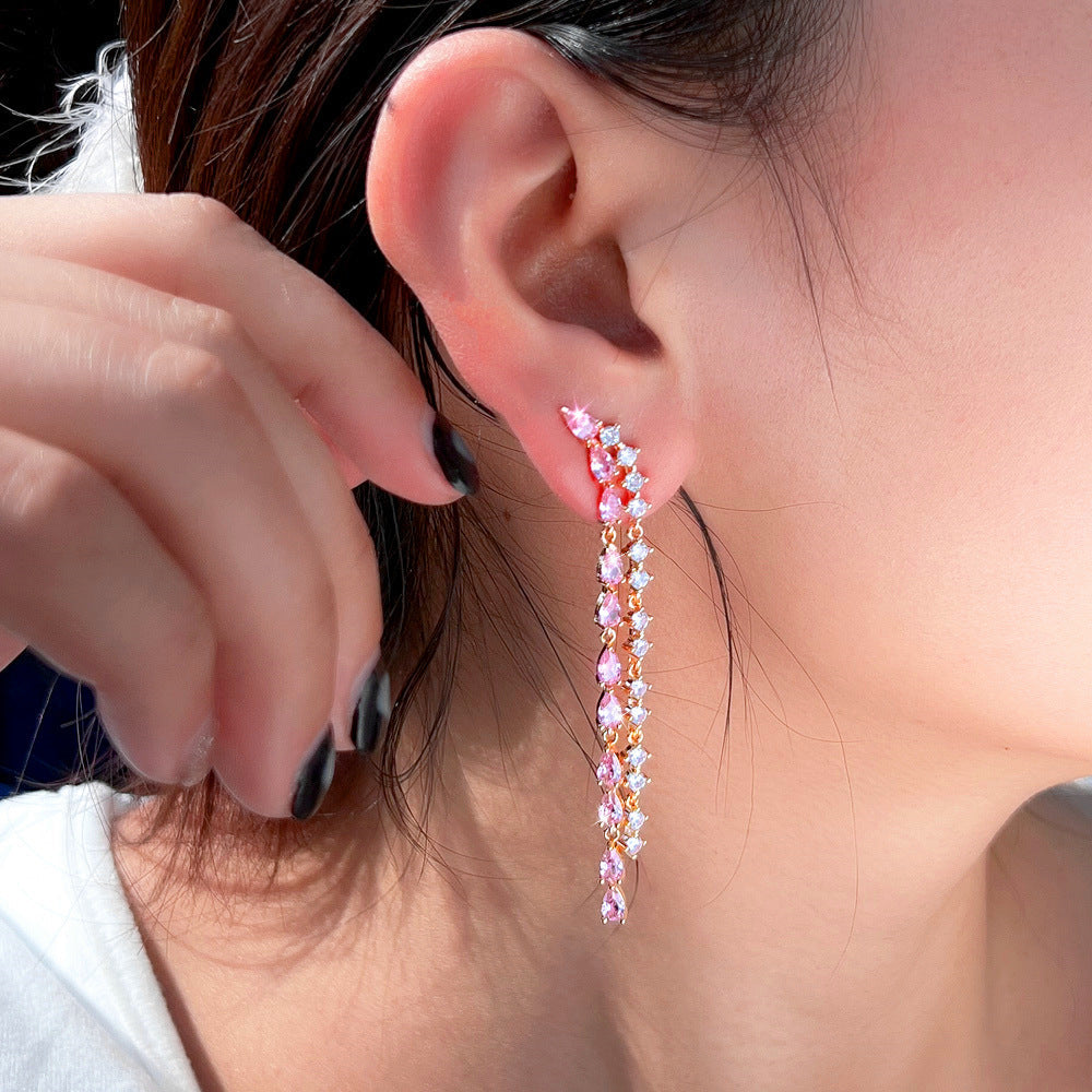 S925 silver thread fresh and sweet fairy-style powder diamond long dangling earrings with ultra-shiny full-zirconia and versatile ear pendants