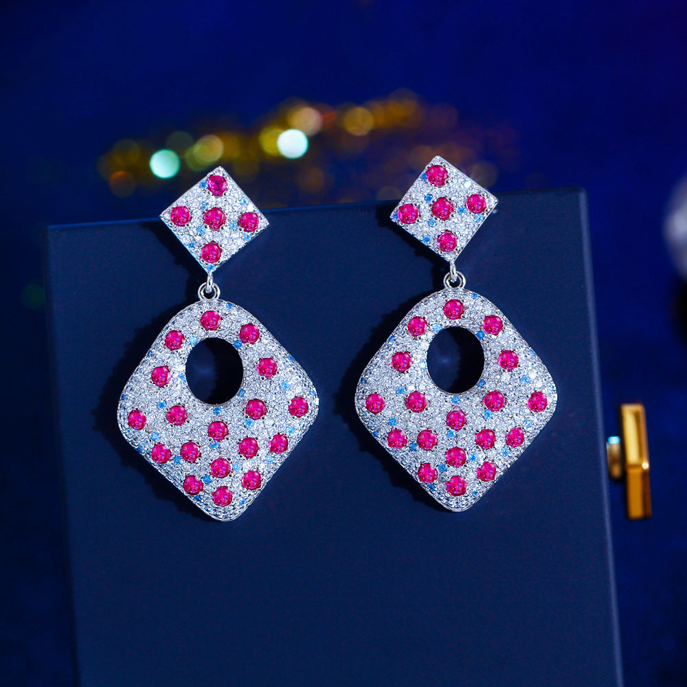 S925 silver jewelry - Korean version - Luxury style women's rhodium-plated jewelry - Simulated pigeon-blood red gemstone - High-end earrings - Ear pendants