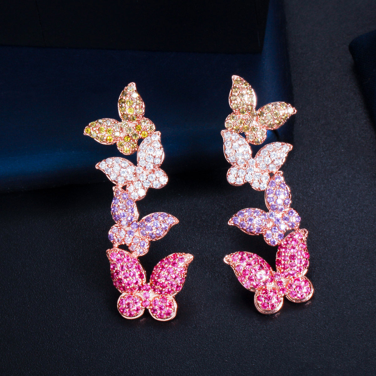 S925 silver needle rose gold butterfly zirconia earrings - Korean version versatile and fashionable ear accessories