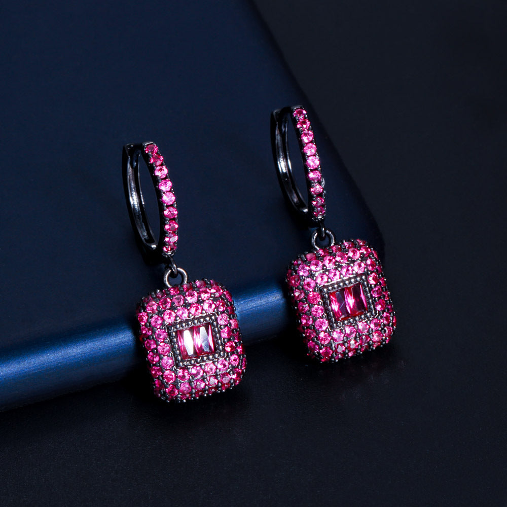 European and American popular square emerald gemstone micro-set zirconia earrings featuring a fashionable elliptical-shaped ear hook as the earpiece accessory