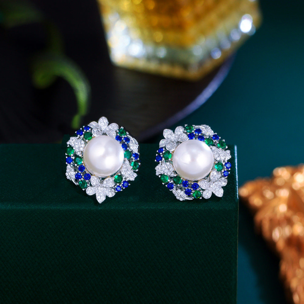 S925 silver filigree light luxury emerald sunflower pearl earrings - a unique piece featuring zirconium stone inlaid flower-shaped earrings