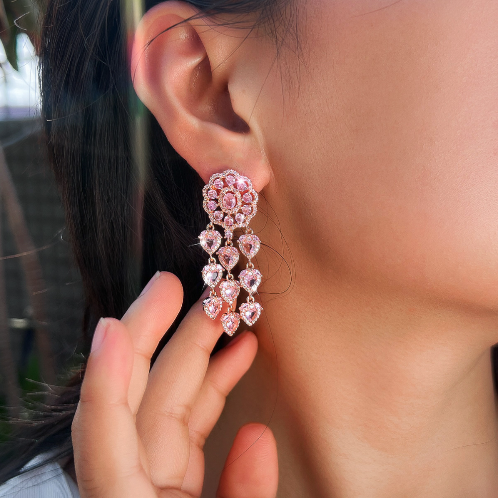 925 silver needle heavy industry hollowed-out heart-shaped pink zirconia earrings - luxurious drop-style earrings elegant and personalized a piece of exquisite jewelry