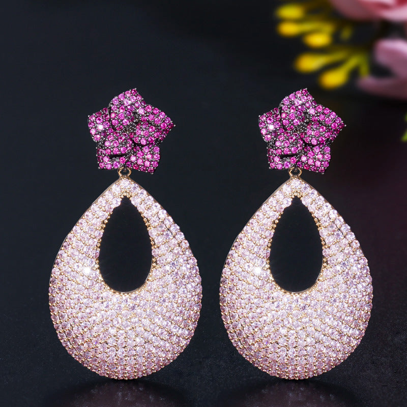 New style pink zirconium rose flower large earrings for Europe and America Made of 925 silver circular ear accessories for women