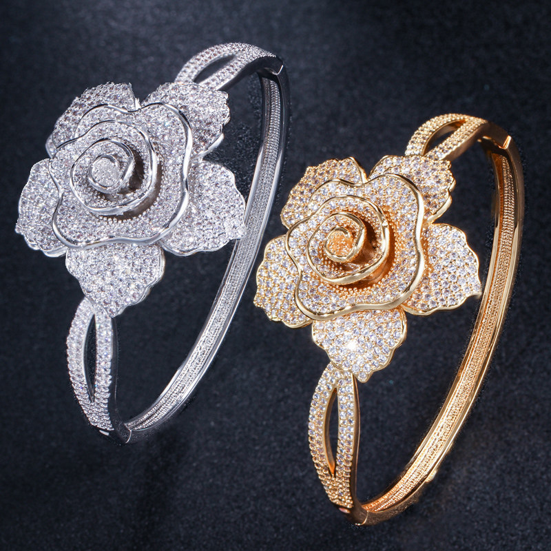 European and American fashion-inspired rose flower hand chain and ring set with full-set of zirconia jewelry