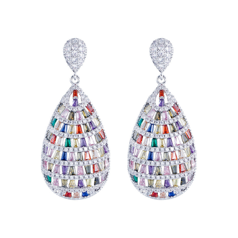 Fashion Heavyweight Elegant Colorful Gemstone Three-Dimensional Earrings Slimming Effect Slightly Set-in Zirconia Hollow Ear Accessories