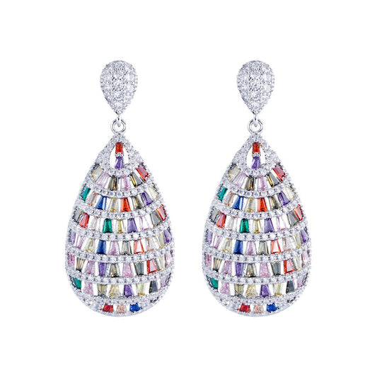 Fashion Heavyweight Elegant Colorful Gemstone Three-Dimensional Earrings Slimming Effect Slightly Set-in Zirconia Hollow Ear Accessories