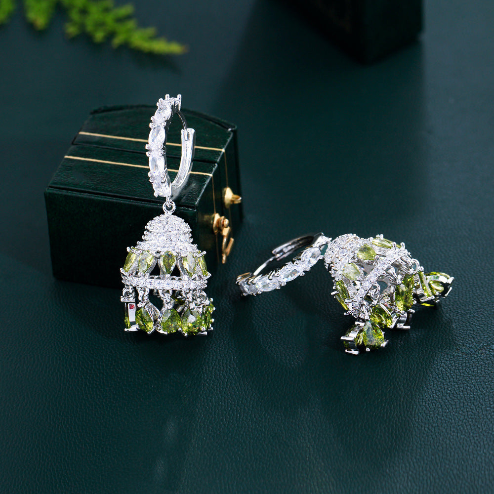 European Heavy Industry Luxurious Retro Court Style Zircon Earrings with Full-Diamond Tassels and Hollow Bell Chimes Hollow Ear Accessories