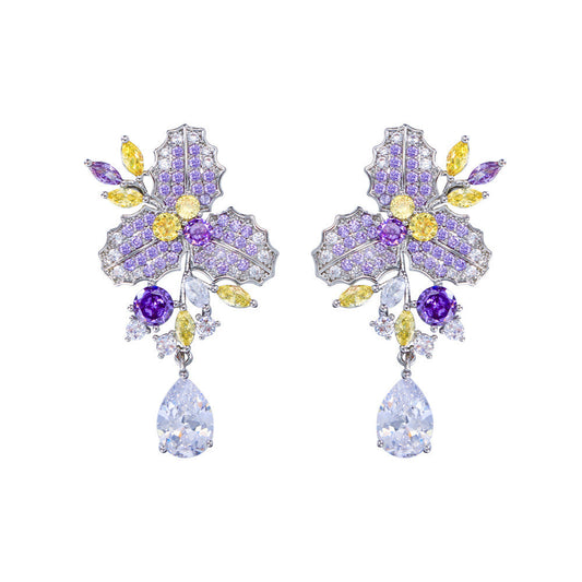 French-style minimalist luxury fashion-inspired design floral diamond-studded drop-shaped earrings dazzling zirconia earrings set