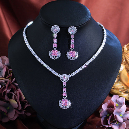 Korean version luxurious bridal banquet necklace earrings and ring set - super shiny zirconia earrings pendant-style earrings with elegant design