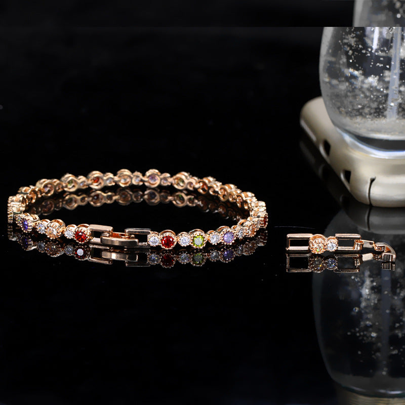 Best-selling European and American trendy luxurious colorful 3A zirconia bracelet Environmentally friendly copper electroplating with genuine gold for long-lasting color retention