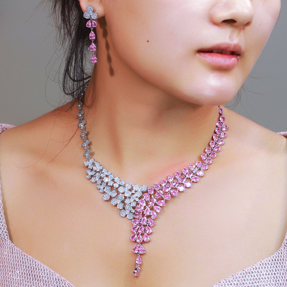 Design-inspired princess pink full-diamond flower necklace and earrings set court-style zircon bracelet evening gown accessories set