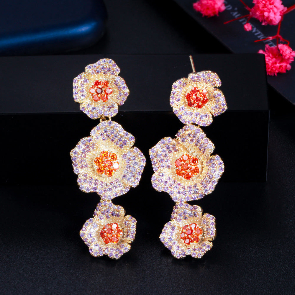 Korean style fashionable zircon long-stemmed three-dimensional flower S925 silver stud earrings in three colors - rose flower earrings accessory