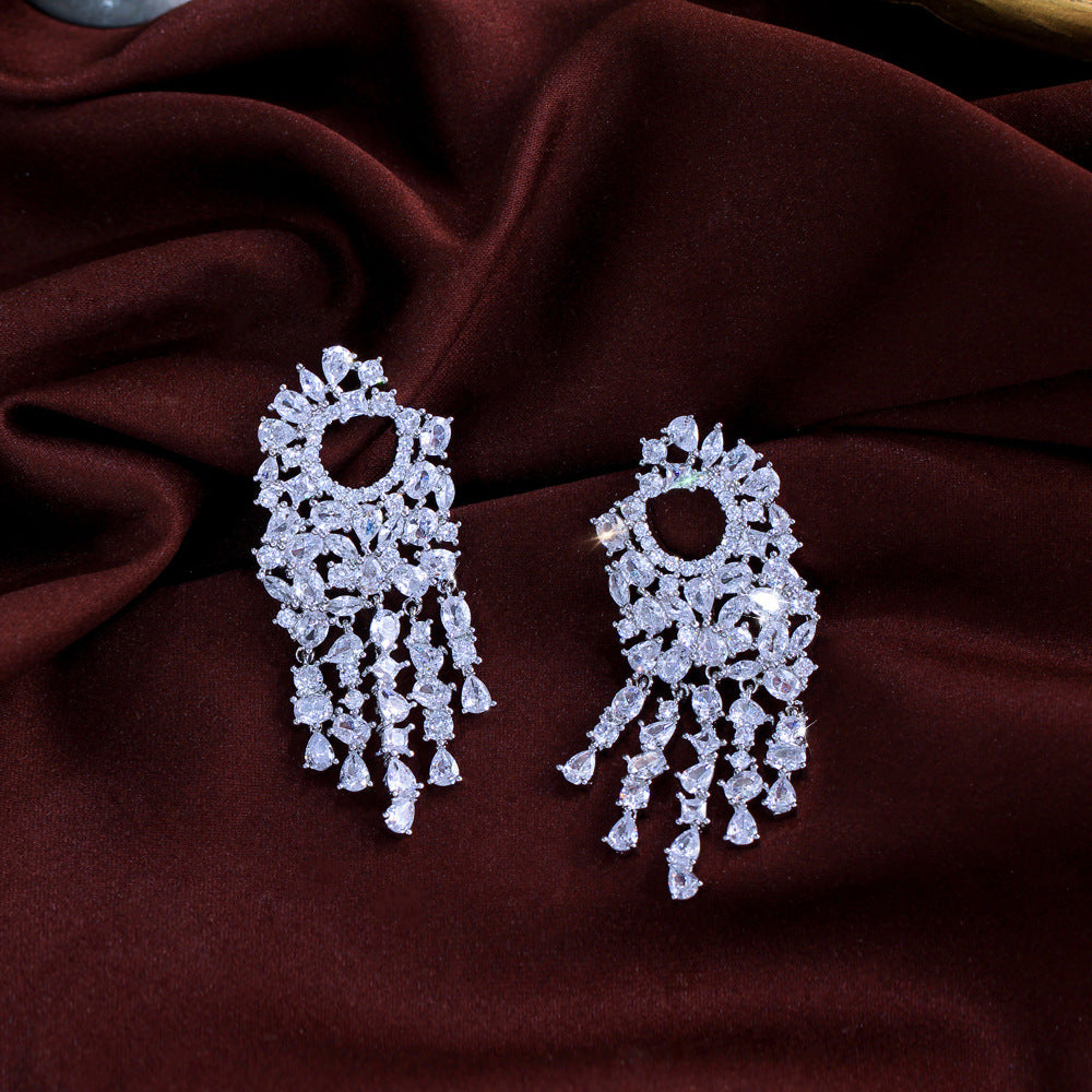 Korean minimalist luxury-style zircon pendant earrings with fringes high-end ear accessories unique design makes face look smaller full diamond earrings