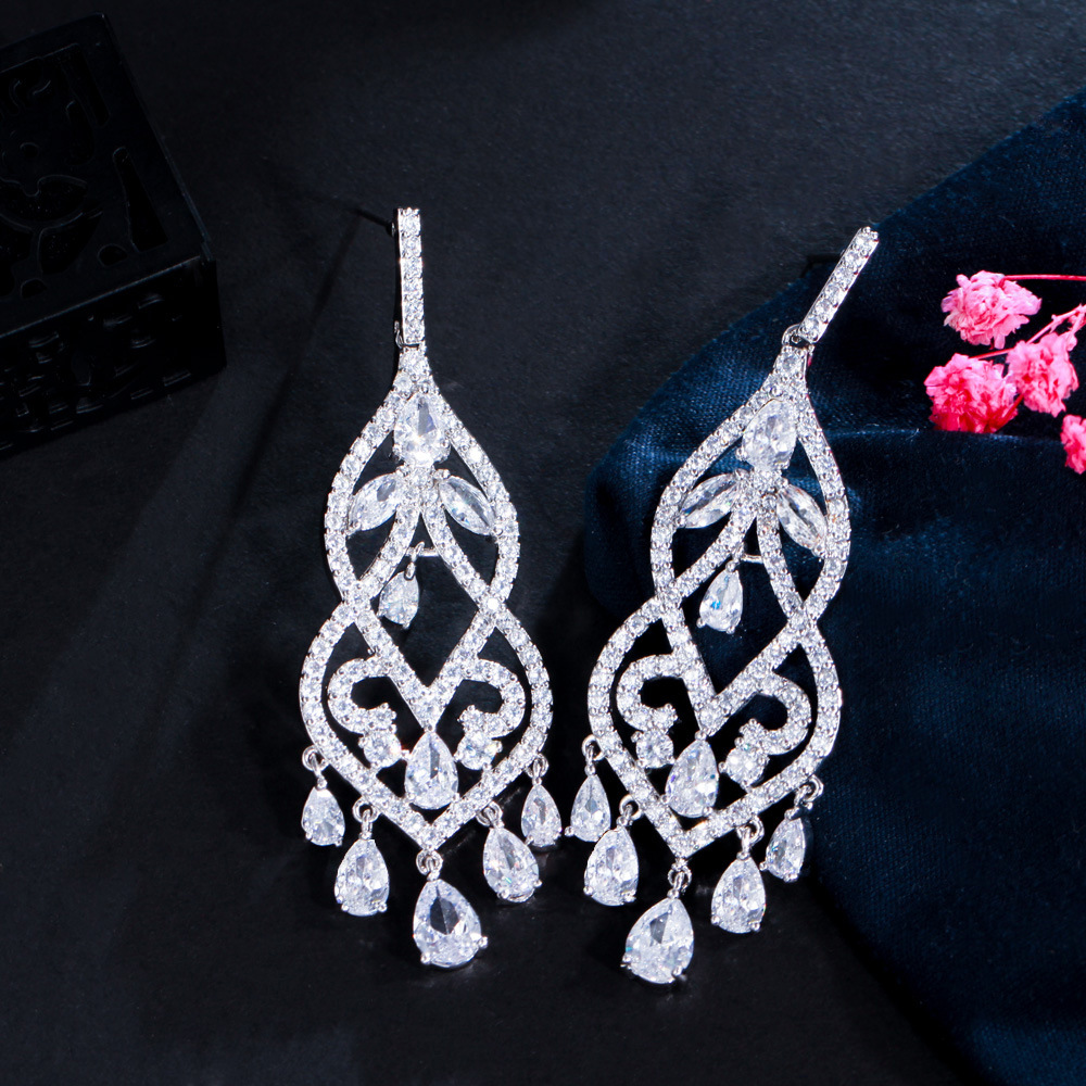 European-style fashionable long fringed earrings with AAA quality zirconia bridal earrings for women ear accessories