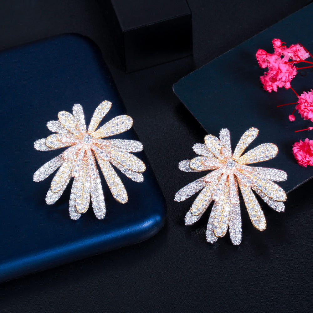 European and American fashion three-layered multi-layered flower-shaped zirconia stud earrings Full-diamond brass three-color electroplated sunflower style earrings