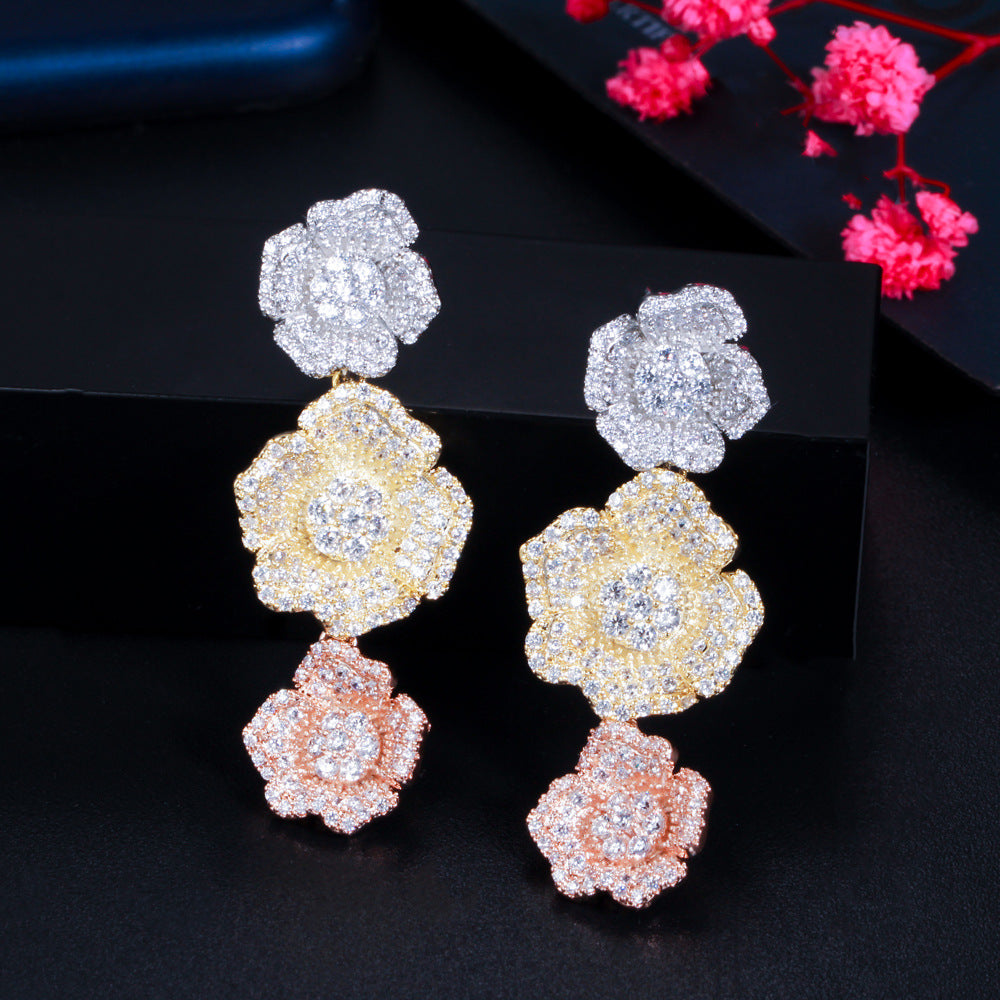 Korean style fashionable zircon long-stemmed three-dimensional flower S925 silver stud earrings in three colors - rose flower earrings accessory